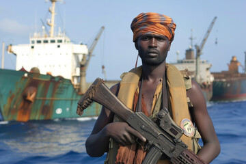 Somali pirate launches brazen attack on cargo ship. African man armed with illegal sophisticated weaponry stands against vessel in port