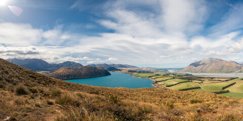 Panoramic Overlook: Peak Hill Track Revealing Stunning Landscape of Lake Coleridge and Canterbury Plains, Mew Zealand