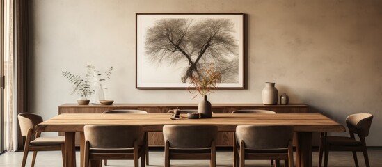 This image showcases a stylish wabi sabi dining room with a wooden dining table, armchairs, and personal accessories. The room features a mock-up poster frame and modern home decor elements.