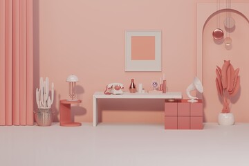 Stylish living peach fuzz tone room interior of modern apartment and trendy furniture, table on carpet floor and coral pink elegant accessories with art decoration, clock, lamp. 3d render