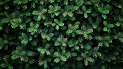Detailed view of a pine tree branch with green needles displaying its texture and structure. Christmas winter background. - obrazy, fototapety, plakaty
