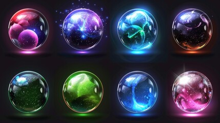 Three-dimensional illustration of magic balls and crystal balls with shimmers, glows, plasma, and mystical fog inside, isolated on a black background, real 3D modern icons.