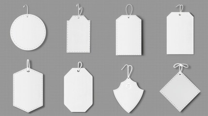 Different shapes of white fabric tags isolated on transparent background. Modern realistic mockup includes blank cloth labels with stitches, cotton badges for textiles, and woven fashion labels.