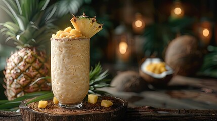 Pineapple Smoothie Garnished With Fresh Pineapple Chunks
