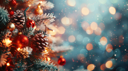 Blurred Christmas glitter bokeh background with pine tree branches, pine cones, red berries, Christmas balls.