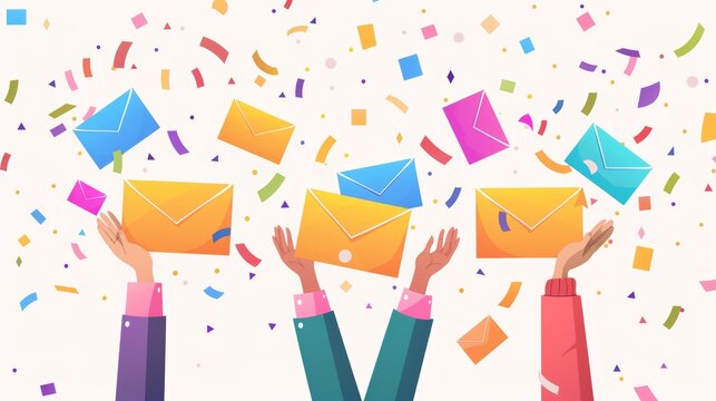 Our newsletter cartoon banner, email news subscriptions, blog update messages are submitted with applauding human hands, confetti and envelopes with pictures and sale icons. Modern illustration of