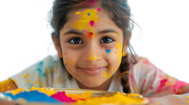 Girl with colourful paint on her face is celebrating Holi with Copy space, generative ai