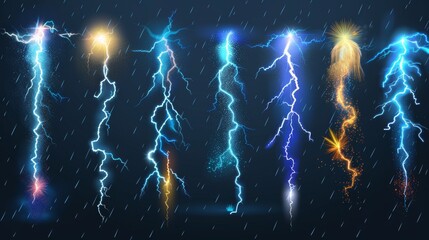 Storm lightning, thunderbolt strikes at night. Modern realistic set of blue and yellow electric impacts, sparking discharges of thunderstorm isolated on dark transparent background.