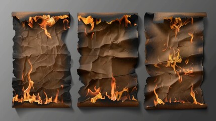 The burning paper borders, the smoldering fire on charred uneven edges, the burning parchment sheets, beautiful realistic 3D modern objects set.