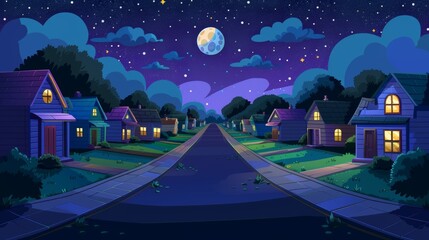 Residential houses in a suburban street at night. Modern cartoon landscape with suburban cottages, moon and stars. City neighborhood with real estate.