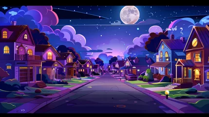 Foto op Aluminium In the suburbs of a city at night, houses are located on a street with a residential district. Modern cartoon landscape with cottages on the street, moon and stars in the sky. Condos in a city © Mark