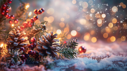 Obraz na płótnie Canvas Blurred Christmas glitter bokeh background with pine tree branches, pine cones, red berries, Christmas balls.
