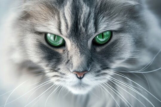 Grey long-hair cat with green eyes, focus on face .