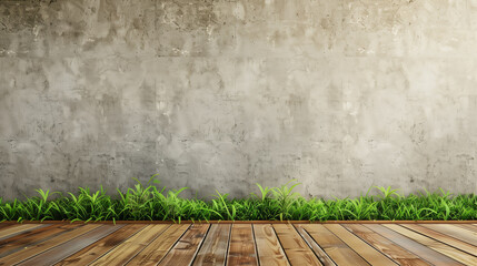 A room with a wooden floor is empty, with grass growing inside, concrete wall, copy space.