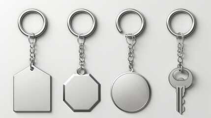Silver colored keychains and accessories mockup. Metal keyring holders isolated on white background. Realistic 3D modern illustration, icon and clipart.