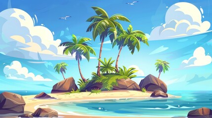 Fototapeta na wymiar Oceanic island with beach, palm trees, and rocks with clouds above. Tropical landscape with sand and no people. Cartoon modern illustration of a tropical island in the ocean with beach, palm trees,