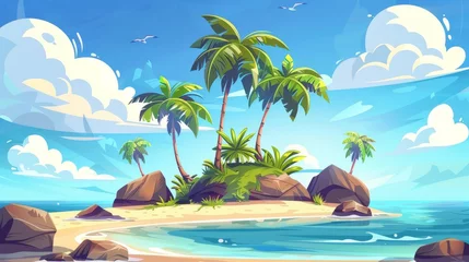 Fototapeten Oceanic island with beach, palm trees, and rocks with clouds above. Tropical landscape with sand and no people. Cartoon modern illustration of a tropical island in the ocean with beach, palm trees, © Mark