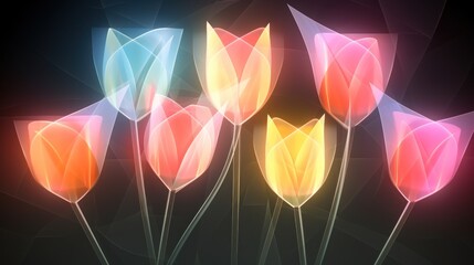 A group of flowers illuminated in the darkness, standing out against the gloomy background