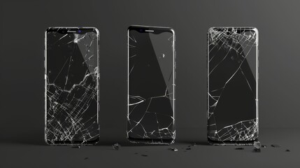 Broken mobile phone screen with scratched and cracked black touchscreen, front and side views, realistic 3d modern illustration of smashed electronics device. - obrazy, fototapety, plakaty