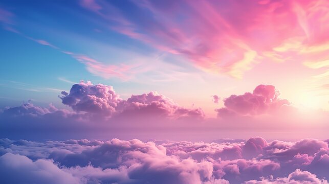 Sky or heaven background. Abstract vivid fantasy view with lilac, pink, white, blue and blue clouds flying. Sunset or sunrise nature landscape. Realistic 3D modern image.
