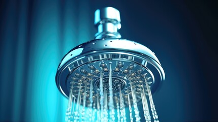 Shower head with water drops flowing in blue background,