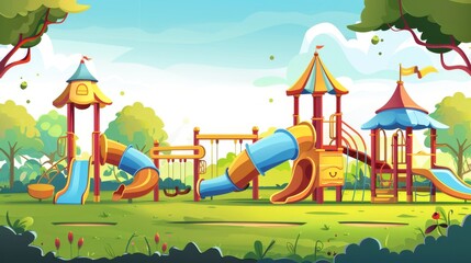 Featuring a carousel, spiral tube slide, and swings, this kids playground is part of a summer park, garden or backyard. Modern illustration of kindergarten play ground on a green lawn with castle and