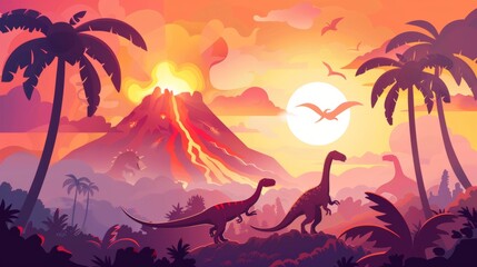 Jurassic era of Earth evolution with dinosaurs at erupting volcanoes. Prehistoric volcanic eruption background, palm trees sky with shining sun. Tropical scenery land as cartoon illustration.