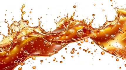 This is a realistic illustration showing a splash of cola, soda, or beer floating in a stream of bubbles. It is a modern realistic illustration of fizzy drink, champagne, a cold carbonated beverage