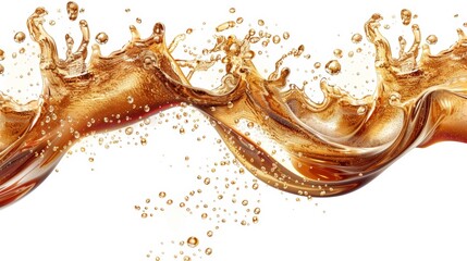 This illustration illustrates a splash of liquid brown effervescent water with bubbles, such as cola, soda, or beer. Modern realistic illustration of fizzy drink, champagne, or cold carbonated - obrazy, fototapety, plakaty