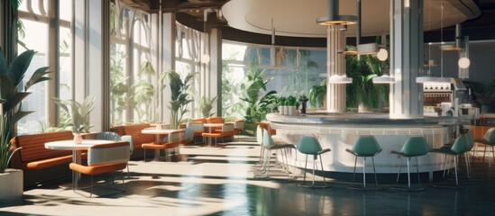 Fototapeta premium A spacious room with an art deco design features a central fountain surrounded by elegant furniture, decorative plants, and hanging lamps.
