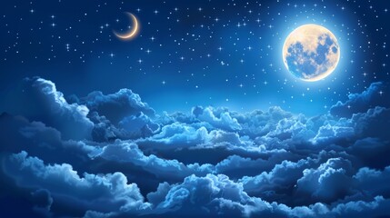 Modern illustration of the moon in night sky with clouds and stars. Full moon and crescent on a dark midnight sky. Starry outer space with glowing planet and fog.