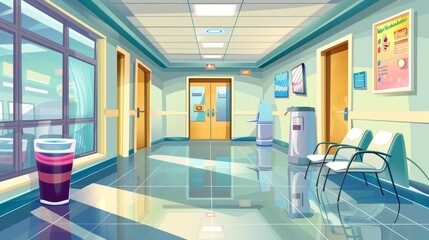 A modern cartoon illustration of a hospital corridor as well as doors to the wards, a water cooler, and an elevator in a hospital. - obrazy, fototapety, plakaty