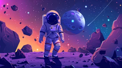 Zelfklevend Fotobehang An astronaut explores an alien planet in far galaxy. Cosmonaut in helmet and suit exploring space. Modern cartoon illustration of spaceman, cosmos and planet surface with rocks, cracks and glowing © Mark