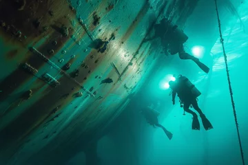 Türaufkleber Divers assess hull of sunken tanker to find reason of shipwreck. Experts carefully inspect for signs of damage corrosion or structural weaknesses, close up © lenblr