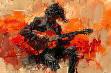 Abstract painting of a musician playing guitar with vibrant red and orange strokes.