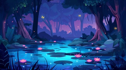 Fireflies at night in a swamp in tropical forest. Fairy landscape with waterlilies, trees and rocks. Modern illustration of wetlands or wild jungle areas with rivers or ponds.