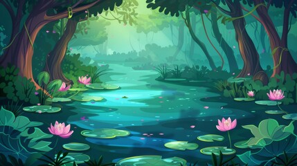 Fototapeta na wymiar An image of a swamp or lake covered with water lilies in a forest. A garden landscape in the middle of the woods. Computer game background, fantasy view of a pond covered in ooze. Cartoon modern