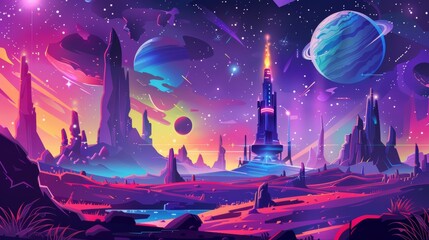 In outer space there is a spaceship with planets, a nebula, and a flying galaxy city or station with high towers. Cosmos, universe futuristic fantasy view for a computer game. Cartoon modern