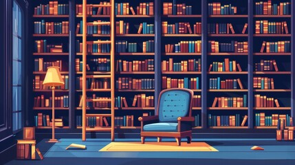 A solitary bookcase with a ladder, chair, and lamp. An old luxury library in a house, shop, or university, filled with wooden furniture, armchairs, and bookcases.