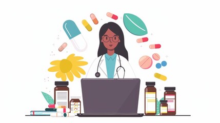 Modern cartoon banner with woman doctor or pharmacist on laptop screen, drugs, pills, and buy button against a white background.
