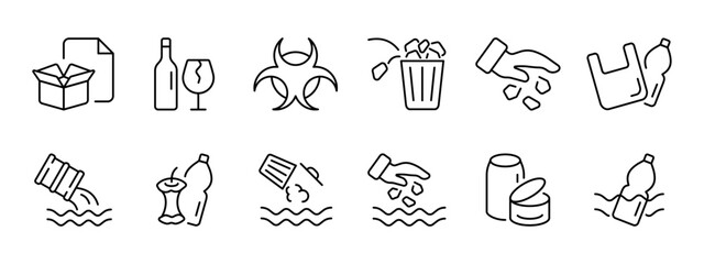 Human waste, garbage set icon. Plastic, cardboard, glass products, trash, throwing garbage anywhere, waste, bags and bottles. Environmental pollution concept. Vector line icon on white background.