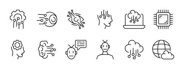 Modern technologies set icon. Gear, eyeball, eye, person. computer, brain, cloud with connections. Chip, robot, communication with AI. Modern technology concept. Vector line icon on white background.