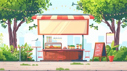 A summertime cafe in the park, a coffeehouse stall with drinks and snacks, a cafeteria with chairs, plants, an umbrella, a menu board, lighting garland, cartoon modern image.