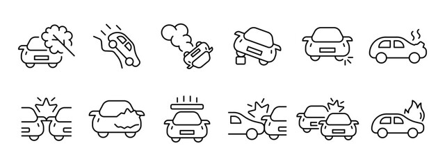 Car accident set icon. An accident, fallen tree, car crashes into the side, rear, sideways. A broken tire, engine overheating, fire, fall. Car accident concept. Vector line icon on white background.