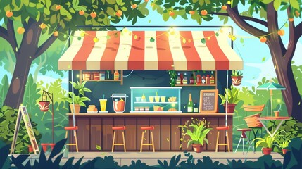 Fototapeta na wymiar This is a cartoon illustration of an outdoor cafe in a park. The booth features street food drinks and snacks as well as plants, lighting garland, and a menu board.