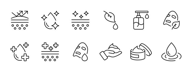 Skincare routine set icon: Protection, SPF sunscreen, hydration, water drop, cure, clean pores, nourishing cream, moisturizer, mask, leaf, foam. Personal care concept. Vector line icon.