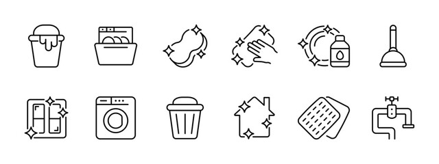 Cleaning set icon. Bucket, dishwasher, abacus, rag, clean dishes, plunger, clean windows, washing machine, clean house, faucet. Cleaning concept, home care. Vector line icon on white background.