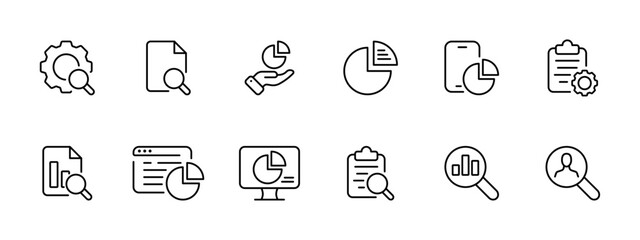 Charts, infographics set icon. Configuration, file search, information provision, diagrams, statistics related to phones, search for statistics, people, targeting. Search concept. Vector line icon.