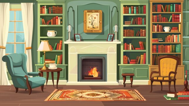 Modern cartoon illustration of old lounge room with classic wooden furniture and tea on table in victorian style.
