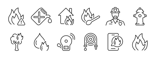 Fire set icon. Fire, danger, gasoline, burning house, feeding the fire, hydrant, wood and gasoline are burning, alarm, hose, fire message, fire. Vector line icon on white background. - obrazy, fototapety, plakaty